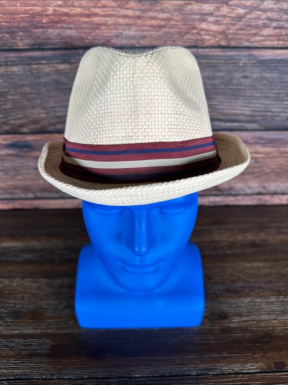 Peter Grimm Beige Straw Fedora with Burgundy  Striped Band
